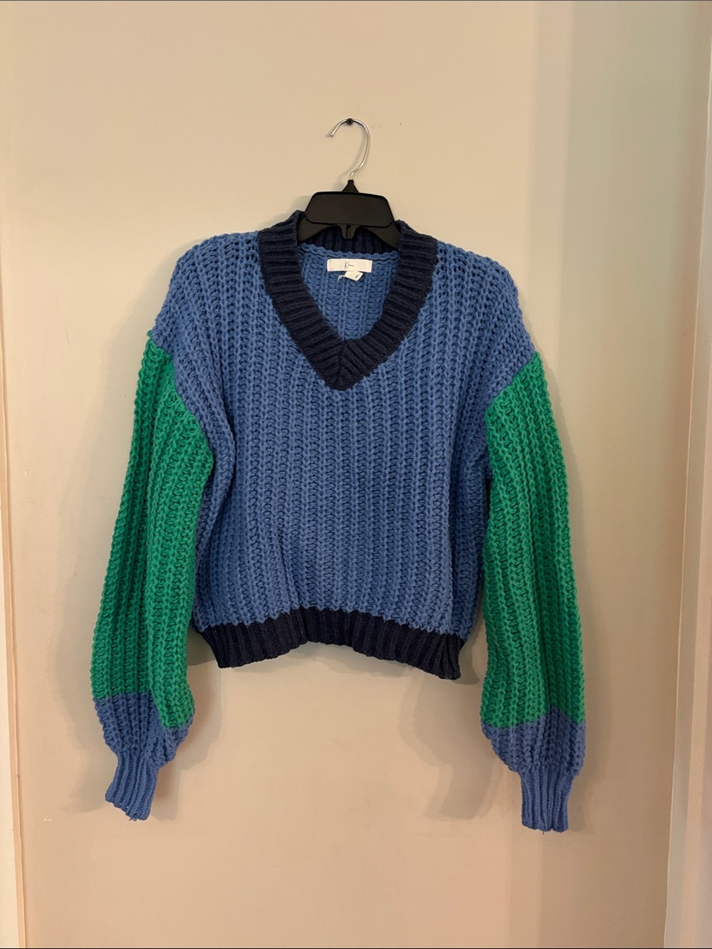 Blue & Green V-Neck Chunky Knit Sweater